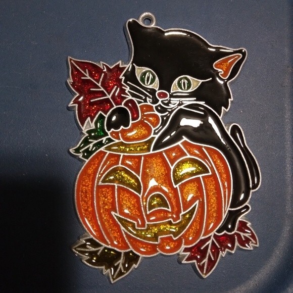Vintage cat and jack o lantern sun catcher kitten pumpkin Halloween metal - Picture 3 of 5